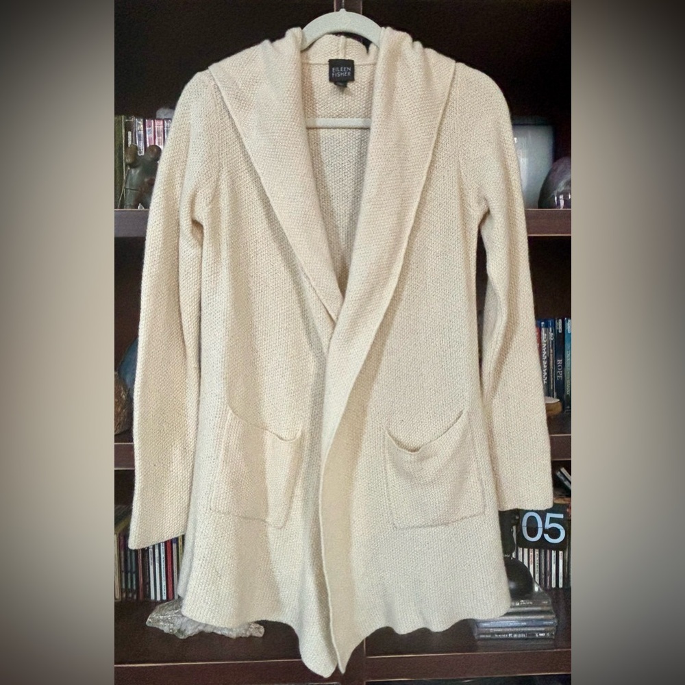 Eileen Fisher wool silk blend open front cardigan sweater with pockets and hood